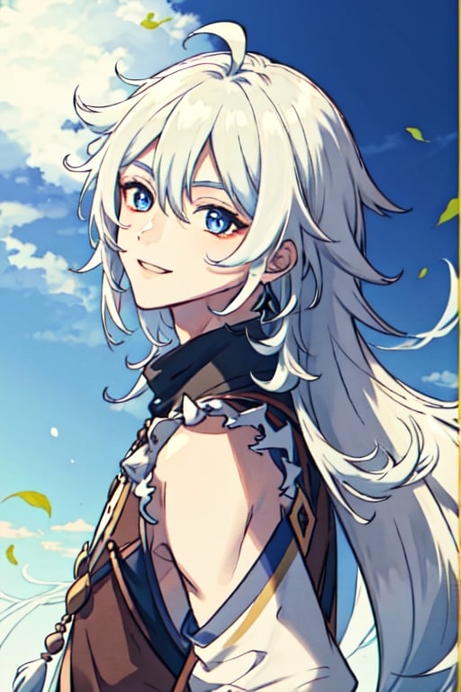 (masterpiece), best quality, expressive eyes, perfect face, perfect eyes, ((best quality)), ((highly detailed)), detailed face, beautiful face, (detailed eyes, deep eyes), (((female))), big deep blue eyes, ((long voluminous hair)), ((white hair)), deep eyes, ((pelt tribal heavy clothes)), razor clothes, dirty, smile, character \(series\),character \(series\)