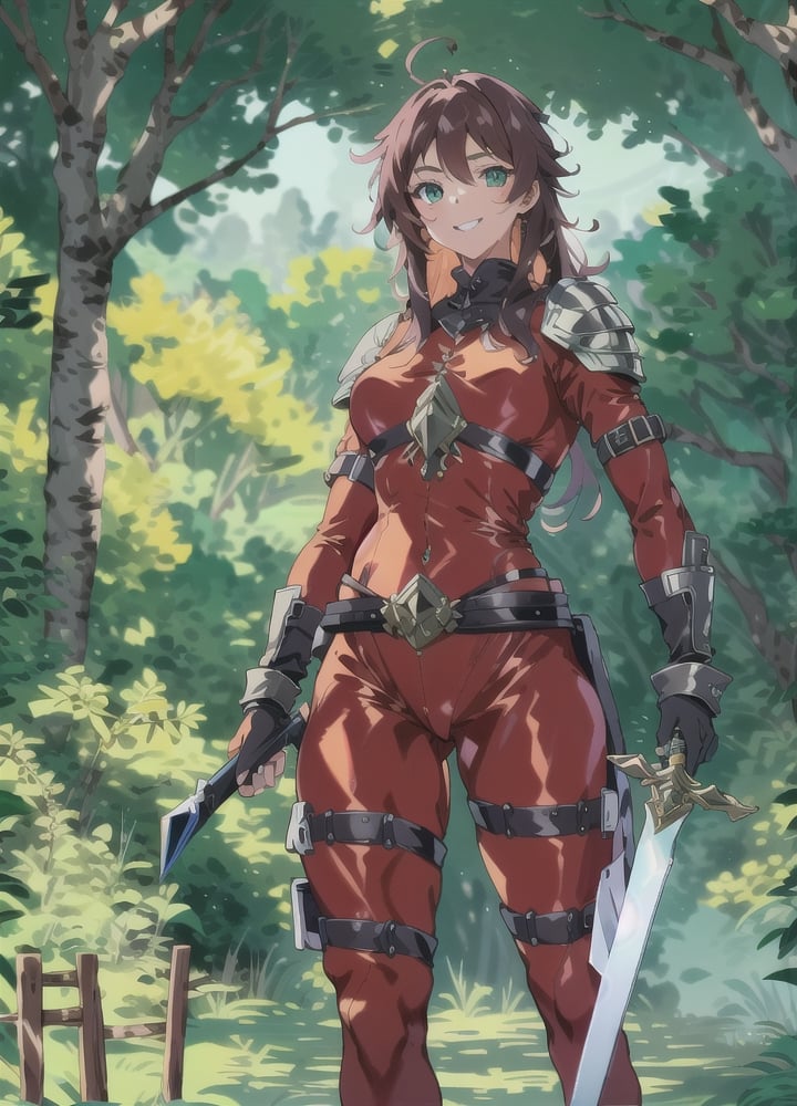 {1girl}, classic fantasy, 2 weapon fighter, {{emerald green short sword}}.  {{ice short sword}},  HDR, UHD, 8K, best quality, {masterpiece}, Highly detailed, slender, {{{{smile}}}}, {{{{unsecure}}}}, messy hair, {{{{long hair}}}}, {voluminous hair}, {{red hair}}, forest, {{{dark red silk catsuit}}}, 20 years old, {{{green eyes}}}, leather armor, sharp facial features, perfect hands, breastplate, camel toe