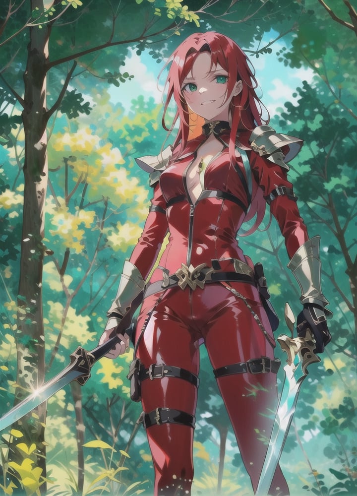 {1girl}, classic fantasy, 2 weapon fighter, {{emerald green short sword}}.  {{ice short sword}},  HDR, UHD, 8K, best quality, {masterpiece}, Highly detailed, slender, {{{{smile}}}}, {{{{unsecure}}}}, messy hair, {{{{long hair}}}}, {voluminous hair}, {{red hair}}, forest, {{{dark red silk catsuit}}}, 20 years old, {{{green eyes}}}, leather armor, sharp facial features, perfect hands, chest covered,