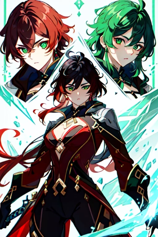 (masterpiece), best quality, expressive eyes, perfect face, perfect eyes, ((best quality)), ((highly detailed)), detailed face, beautiful face, (detailed eyes, deep eyes), female, big green eyes, ((long red voluminous hair)), deep eyes, ((dark red catsuit)), ((2 swords)), (emerald green sword), (ice made frost sword), character \(series\)