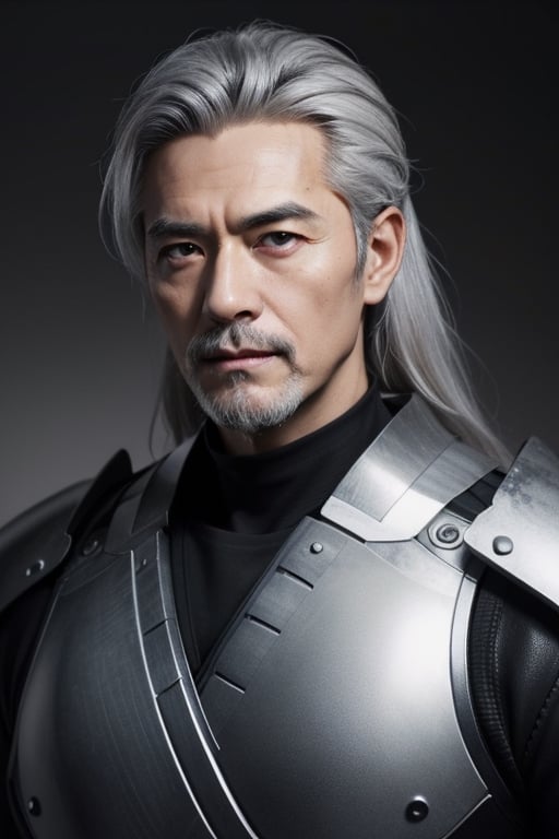 (masterpiece), best quality, expressive eyes, perfect face, centered, (platinum futuristic Japanese armor),  (futuristic dojo background), (male), (modern samurai), (grey hair), leather, jedi,  ((white Haori)), cyberpunk, beard, old man, long hair