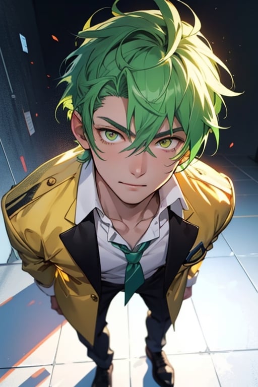 (masterpiece), best quality, expressive eyes, perfect face, detailed face, a boy, (acid green hair), (golden eyes), effeminate, (white school uniform, black from the chest up), full body, happy_face