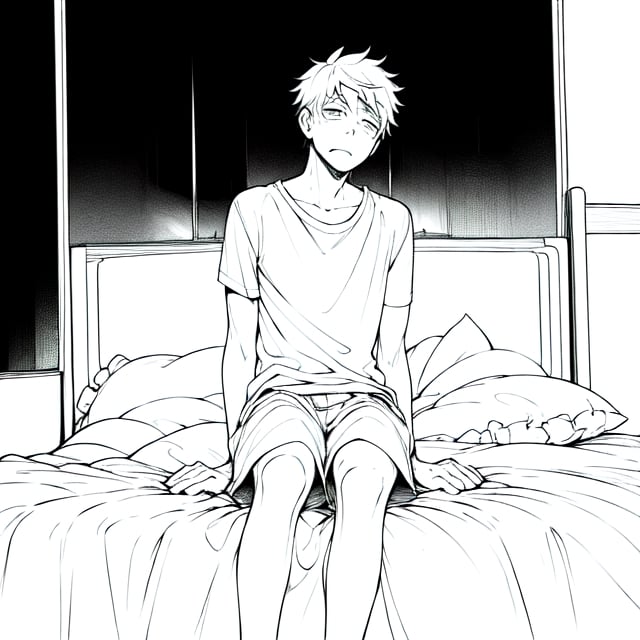 sad, anime, baggy_eyes, alone, hurt, depressed, grunge, sad_look, sad_eyes, dark_scene, middle_aged_men, bed, midnight



