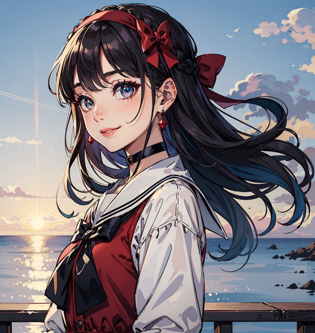 hires, (masterpiece, best quality:1.2), (happy, smile:1.3), closed mouth, (finely detailed beautiful eyes:1.3), glowing eyes, puffy eyes, glossy and red lips, 1girl, solo, bow, jewelry, earrings, long hair, plaid, hair bow, hairband, long sleeves, black hair, braid, sailor collar, choker, outdoors, looking at viewer, shirt, ocean, parted bangs, white bow, red shirt, lips, brooch, dress, sunset, grey eyes, closed mouth, red dress
