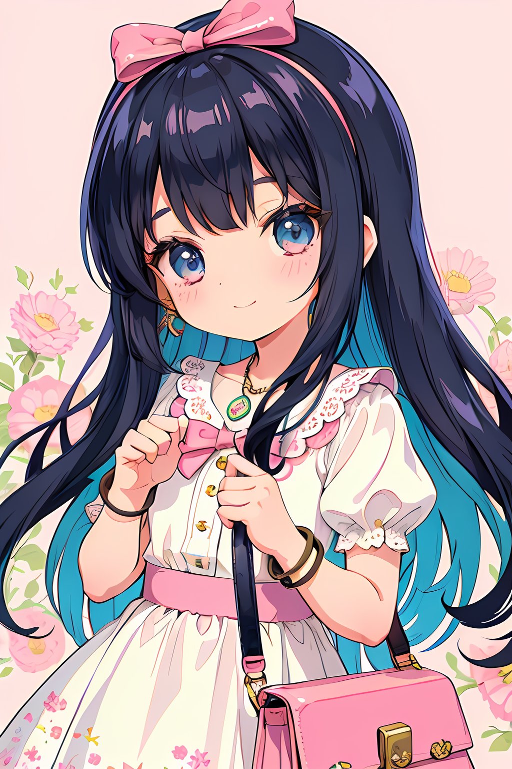 (best quality:1.2), (hyper detailed)
blue eyes, black hair, long hair,(parted bangs:1.2),(slicked back:0.8), smile,
(Loli:1.5), (child:1.5), 
Style - Retro Charm

Background - Nostalgic Setting with Vintage Floral Patterns

Subject - Vintage-inspired Fashionista

View - Striking a Playful Pose in a Charming Garden

Appearance - Adorned in a Pink Retro Dress with Flower Accents

Outfit - Vintage Accessories and Cute Hair Accessories

Pose - Playfully Holding a Vintage Handbag

Details - Hair Adorned with a Cute Bow and Colorful Hairpins

Effects - Soft Pink Glow and Whimsical Backdrop

Description - Transport yourself to a world of "Retro Charm" with this delightful character. Dressed in a pink retro dress adorned with intricate flower accents, she embodies a sense of nostalgia and elegance. Her outfit is beautifully complemented by a collection of vintage accessories, including dainty earrings, a classic necklace, and a charming bracelet, all of which add a touch of old-world glamour to her look. To accentuate her playful style, her hair is adorned with a cute bow and colorful hairpins that catch the light as she moves. In a whimsical pose, she playfully holds a vintage handbag, showcasing her love for all things retro. Against a backdrop of vintage floral patterns, the soft pink glow highlights her features and adds to the enchanting atmosphere. This character is the epitome of vintage-inspired fashion, capturing the essence of a bygone era with a modern twist and a touch of cute charm.