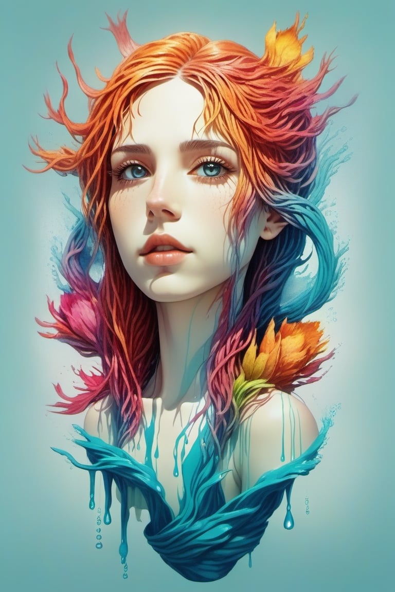 a half body portrait of a woman as made of water, half body submerged in water, at a lake, turquoise hair depicting as waterfall, wet, drops of water on the face and body, natural body posture, rain, Art by Alberto Seveso, symmetrical, abstract artstyle, intricate complex watercolor painting, sharp eyes, digital painting, color explosion, concept art, voluminetric lighting,TanvirTamim, metallic reflections, 2d render, 8k. by artgerm, trending on artstation