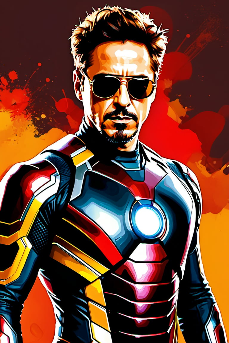 Please generate, abstract handsome Robert Downey Jr with half Ironman suit and sunglasses , looking into the camera, approaching perfection, dynamic,red black yellow and orange colors, highly detailed, digital painting, artstation, concept art, sharp focus, illustration, art by Carne Griffiths and Vadim Kashin
