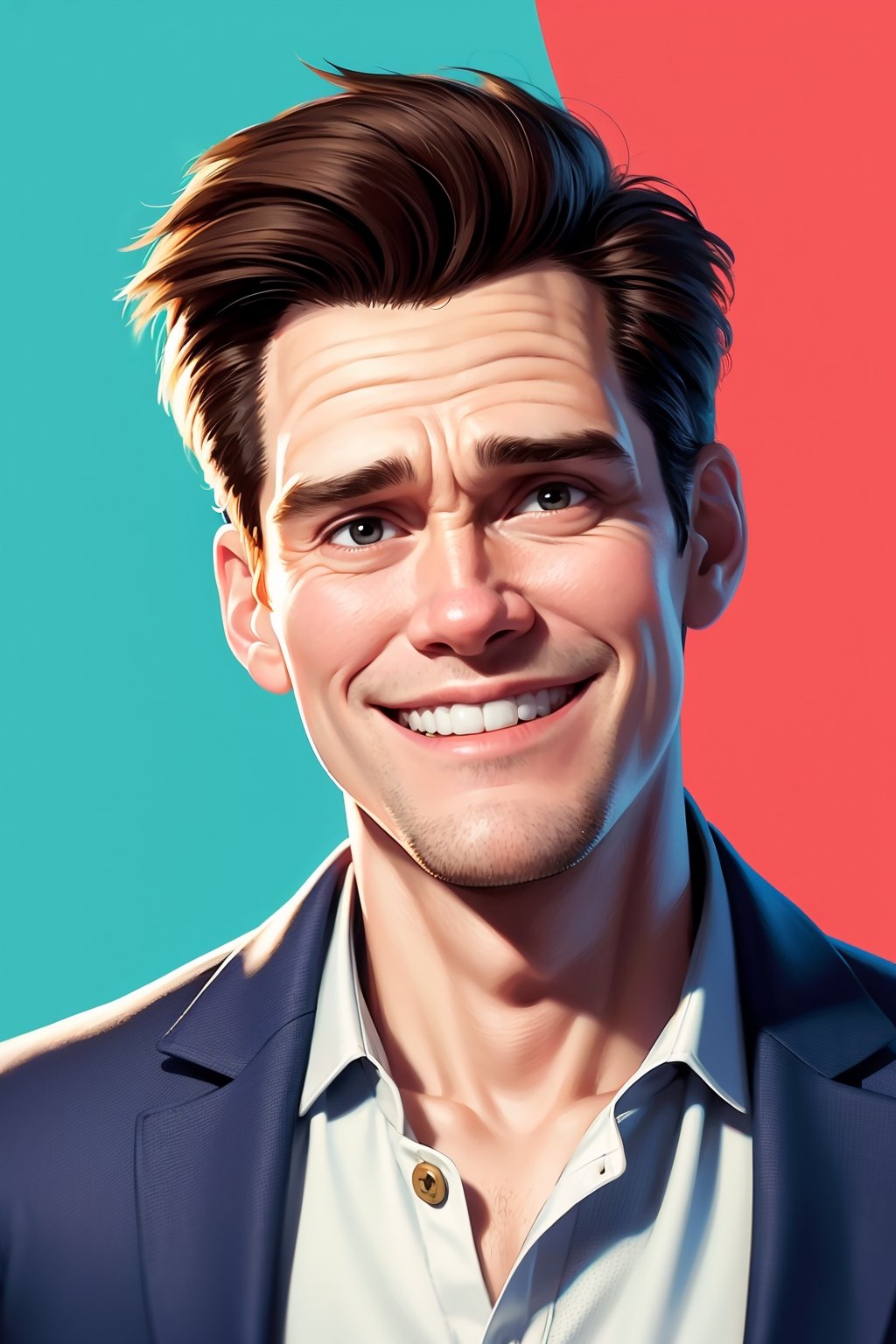 Jim Carrey smiling, show teeth, portrait, upper body, pixar style,Jim Carrey actor 