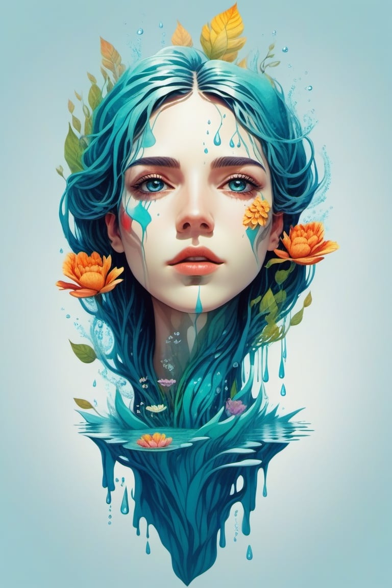 a half body portrait of a woman as made of water, half body submerged in water, at a lake, turquoise hair depicting as waterfall, wet, drops of water on the face and body, natural body posture, rain, Art by Alberto Seveso, symmetrical, abstract artstyle, intricate complex watercolor painting, sharp eyes, digital painting, color explosion, concept art, voluminetric lighting,TanvirTamim, metallic reflections, 2d render, 8k. by artgerm, trending on artstation