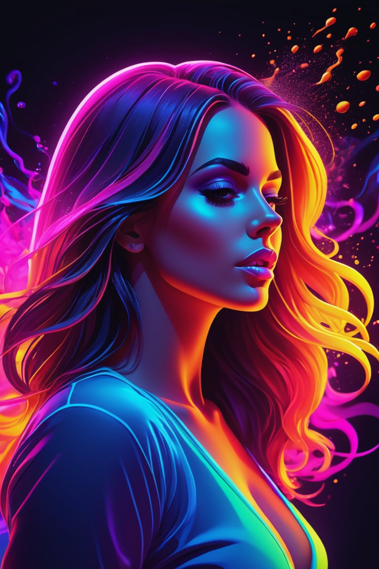 neon colors, cartoon style illustration of a woman as she sees the world while experiencing hallucinations, stoned, splash art, splashed neon colors, neon glowy smoke) motion effects, best quality, wallpaper art, UHD, centered image, ((flat colors)), (cel-shading style) very vibrant neon colors, extremely saturated image (saturation 10) ink lined art, bold lines