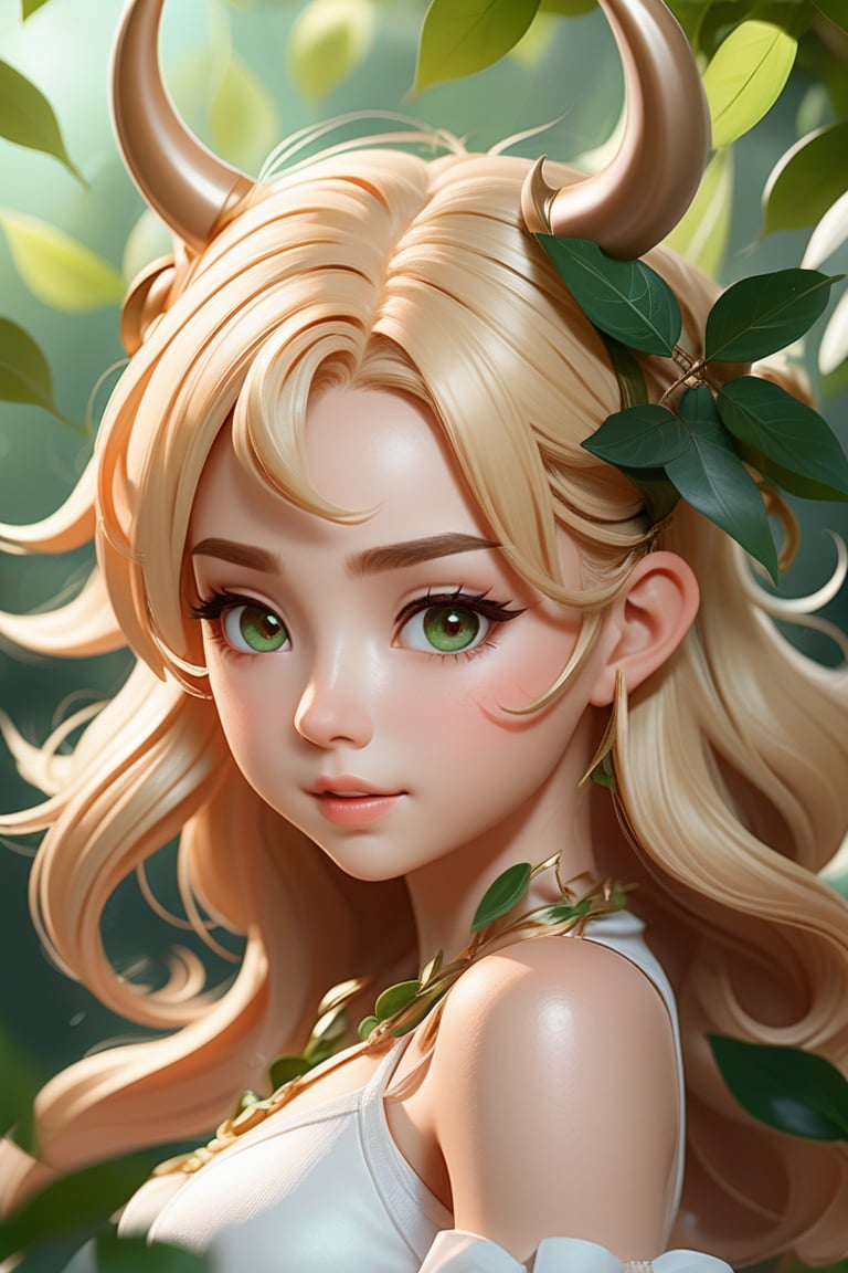 blond haired girl with horns and green leaves on her head, detailed digital anime art, loish and wlop, cute detailed digital art, adorable digital painting, digital anime art, elf girl, digital anime illustration, fanart best artstation, inspired by WLOP, artwork in the style of guweiz, hyperdetailed fantasy character, anime styled 3d
