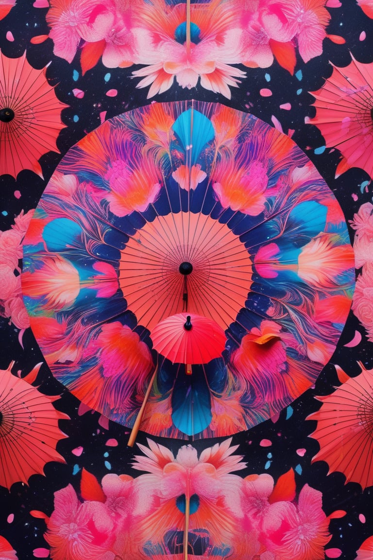 (masterpiece,best quality, ultra realistic,32k,RAW photo,detailed skin, 8k uhd, high quality:1.2), psychedelic style photo of kitsune, very detailed, neon, pink, japan, forest, rain, umbrella, ultra, fashion . vibrant colors, swirling patterns, abstract forms, surreal, trippy