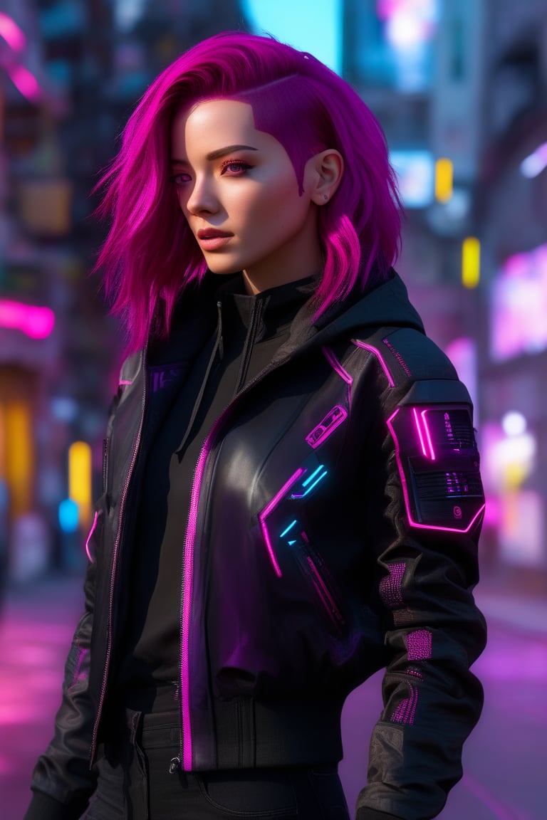 Pretty female android with colored magenta eyes, magenta hair, wearing a black jacket, cyberpunk, outdoor, street, hyperrealism, photorealistic, 8k, unreal engine, 3d render