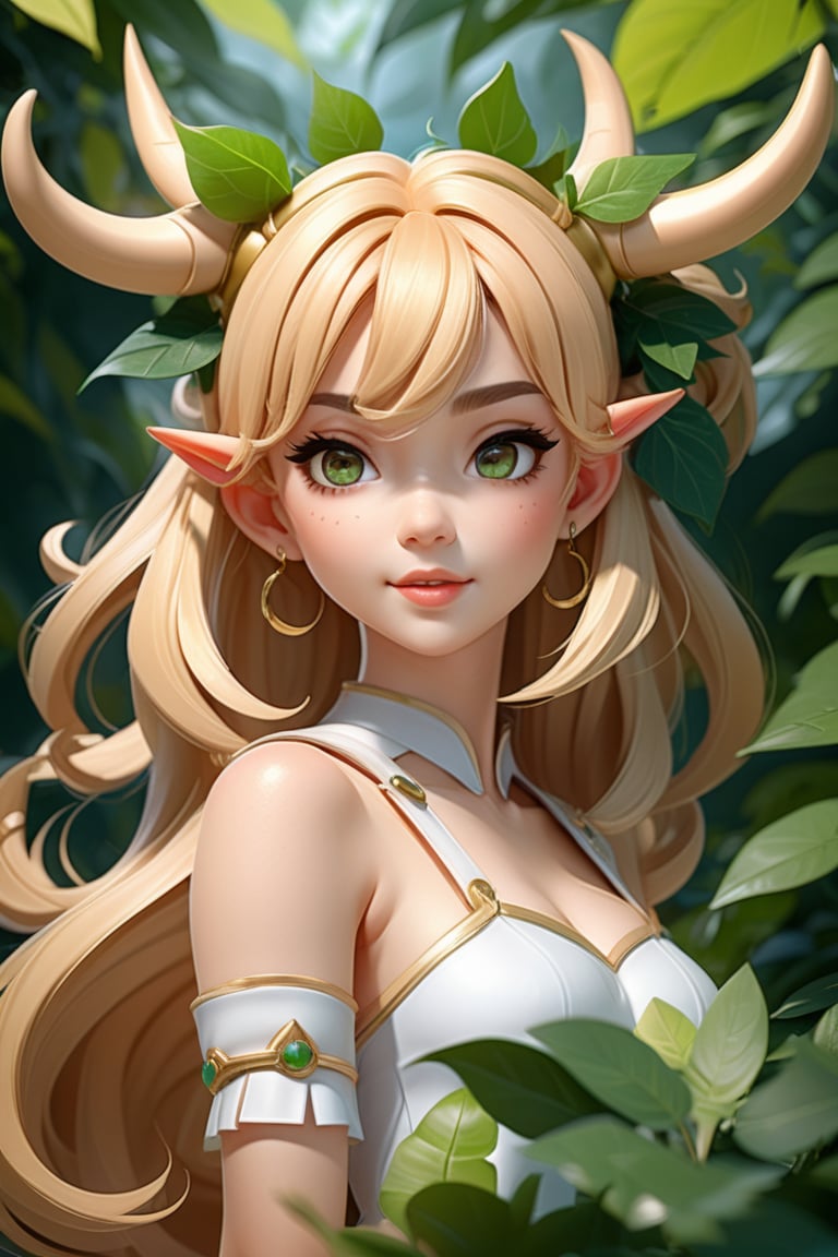 blond haired girl with horns and green leaves on her head, detailed digital anime art, loish and wlop, cute detailed digital art, adorable digital painting, digital anime art, elf girl, digital anime illustration, fanart best artstation, inspired by WLOP, artwork in the style of guweiz, hyperdetailed fantasy character, anime styled 3d