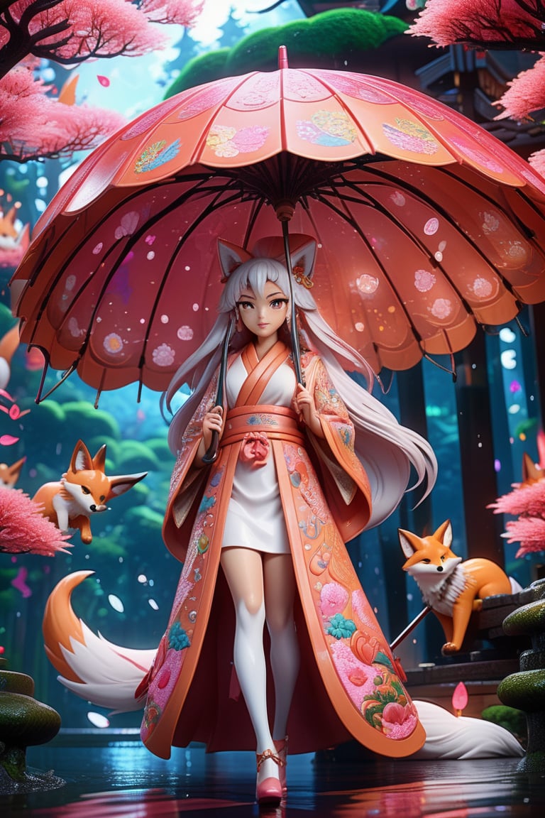 (masterpiece,best quality, ultra realistic,32k,RAW photo,detailed skin, 8k uhd, high quality:1.2), psychedelic style photo of kitsune, very detailed, neon, pink, japan, forest, rain, umbrella, ultra, fashion . vibrant colors, swirling patterns, abstract forms, surreal, trippy