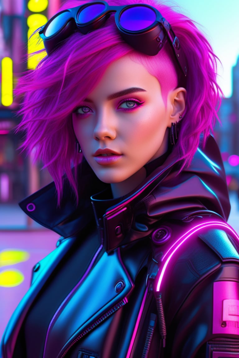 Pretty female android with colored magenta eyes, magenta hair, wearing a black jacket, cyberpunk, outdoor, street, hyperrealism, photorealistic, 8k, unreal engine, 3d render