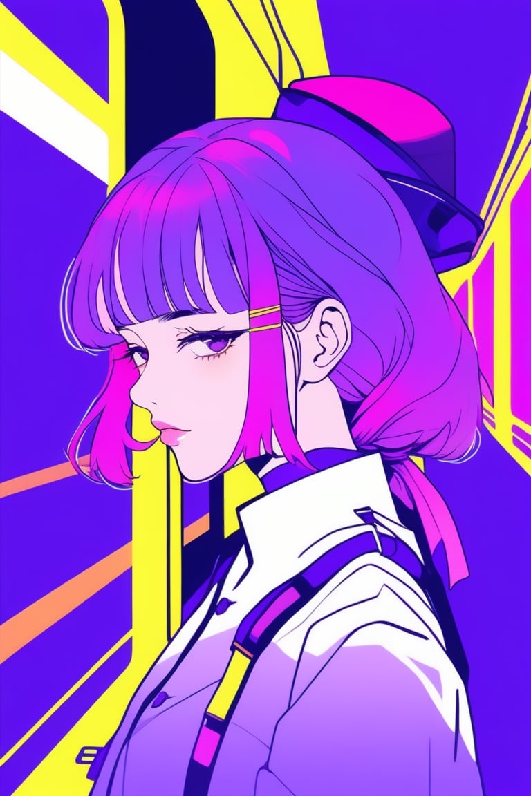 minimalism style, 1girl, portrait,lip, Traditional attire,anchovy, electric purple gradient background, Neon hair,Sideswept bangs, train attendant ,Original , (masterpiece,best quality,niji style)