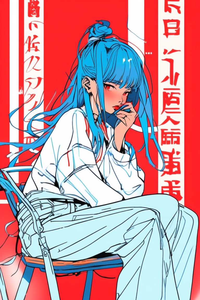 sketch , 1girl, ,lip, Cropped pants,noodles, electric red gradient background, Azure hair,Caesar cut, Micronesian ,Soothing , (masterpiece,best quality,niji style)