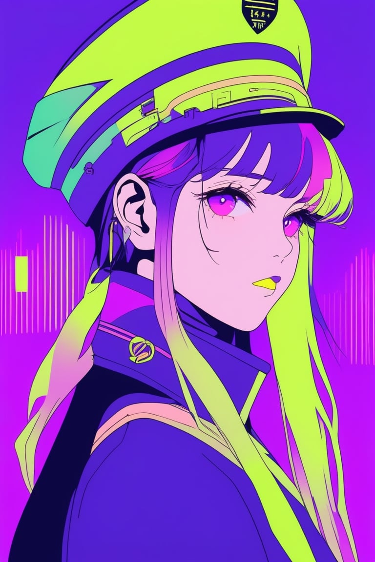 minimalism style, 1girl, portrait,lip, Traditional attire,anchovy, electric purple gradient background, Neon hair,Sideswept bangs, train attendant ,Original , (masterpiece,best quality,niji style)