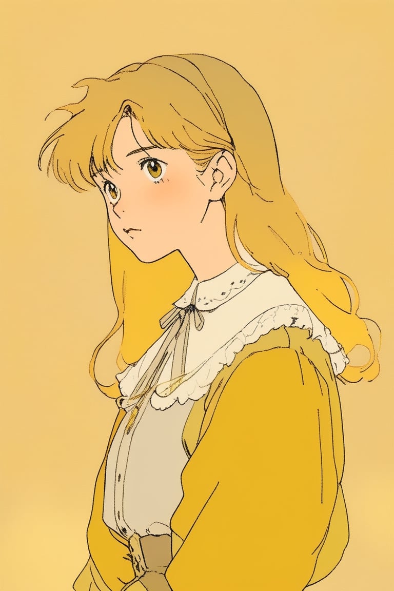 ghibli ,sketch , 1girl, portrait,lip, Peter Pan collar blouse,pate, Mustard gradient background, dark yellow hair,Straight, Enigmatic ,Guido Borelli da Caluso, (masterpiece,best quality,niji style)