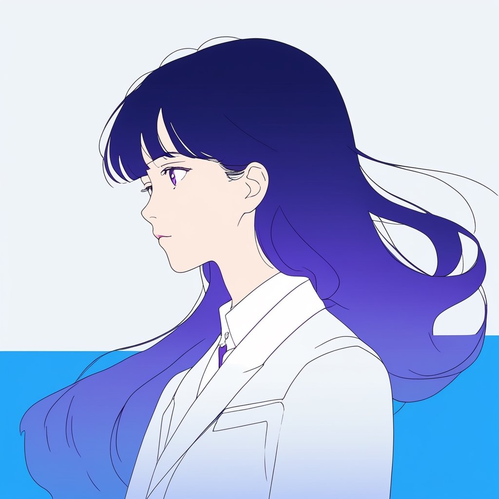 minimalism style,ghibli ,flat , 1girl, portrait,lip, formal wear,Stadium, Azure gradient background, dark violet hair,Long layers, engineer , (masterpiece,best quality,niji style)