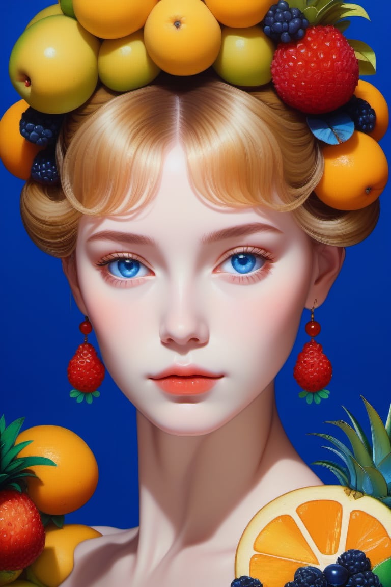 (masterpiece,best quality, ultra realistic,32k,RAW photo,detailed skin, 8k uhd, high quality:1.3),lady,blue eyes, pixel-art a head made out of fruit by giuseppe arcimboldo, oil on canvas, electric indigo gradient background, low-res, blocky, pixel art style, 8-bit graphics