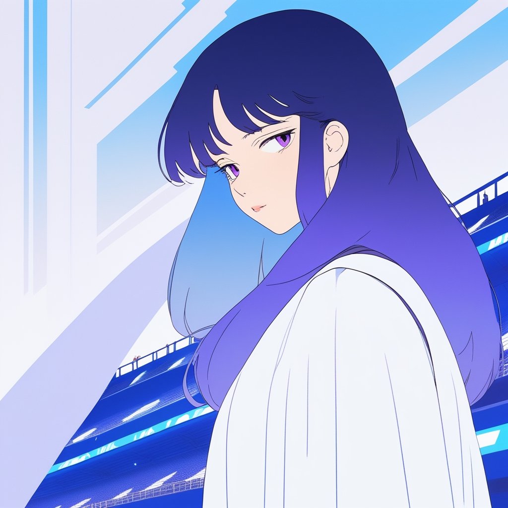 minimalism style,ghibli ,flat , 1girl, portrait,lip, formal wear,Stadium, Azure gradient background, dark violet hair,Long layers, engineer , (masterpiece,best quality,niji style)