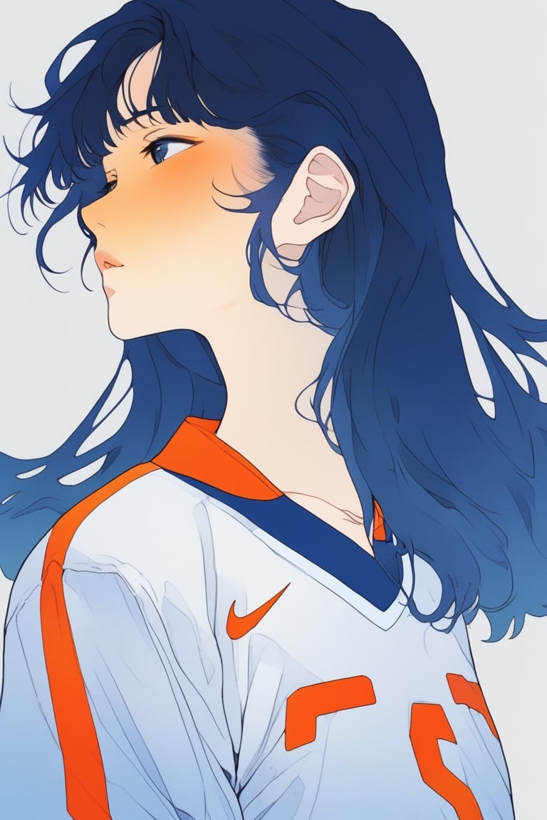 flat ,anime ,ghibli , 1girl, portrait,lip, football jersey,kumquat, dark white gradient background, dark blue hair,Low fade, Voyeuristic , (masterpiece,best quality,niji style)