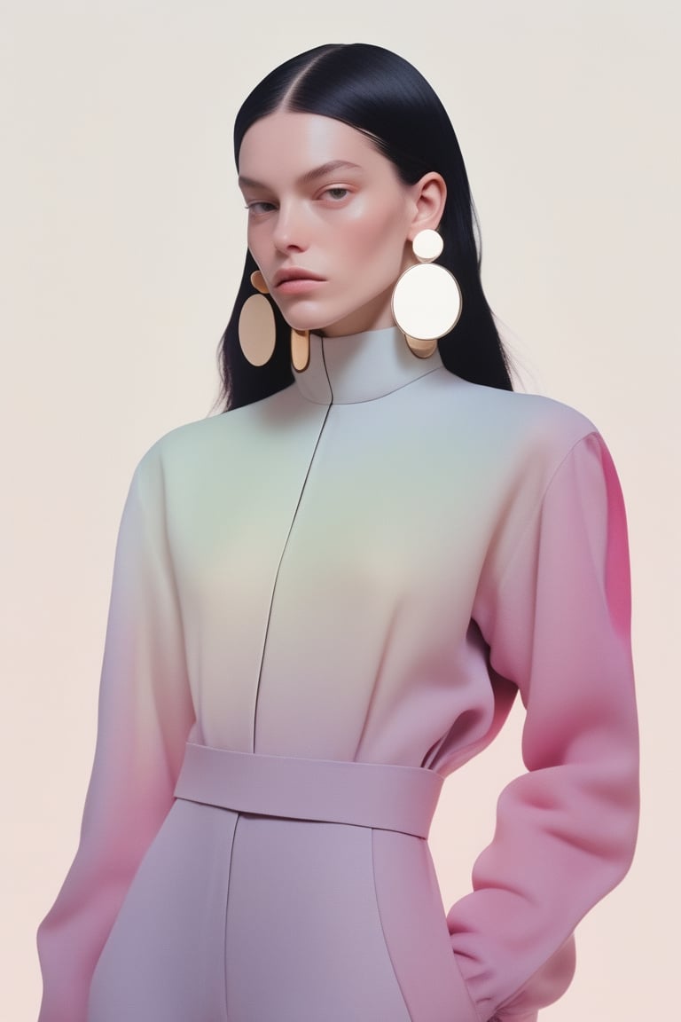 minimalism style,flat ,realistic , 1girl, ,lip, A velvet jumpsuit with statement earrings,Linen, Alabaster gradient background, Gradient hair,Mullet, actor ,Xanti Schawinsky, (masterpiece,best quality,niji style)