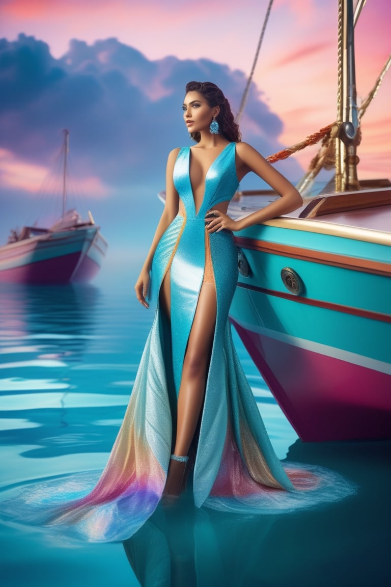commercial photo of a stunning woman standing in water near a boat, in the style of colorful futurism, stylish costume design, daz3d, sleek metallic finish, robotic motifs, rococo pastel, vivid color blocks 