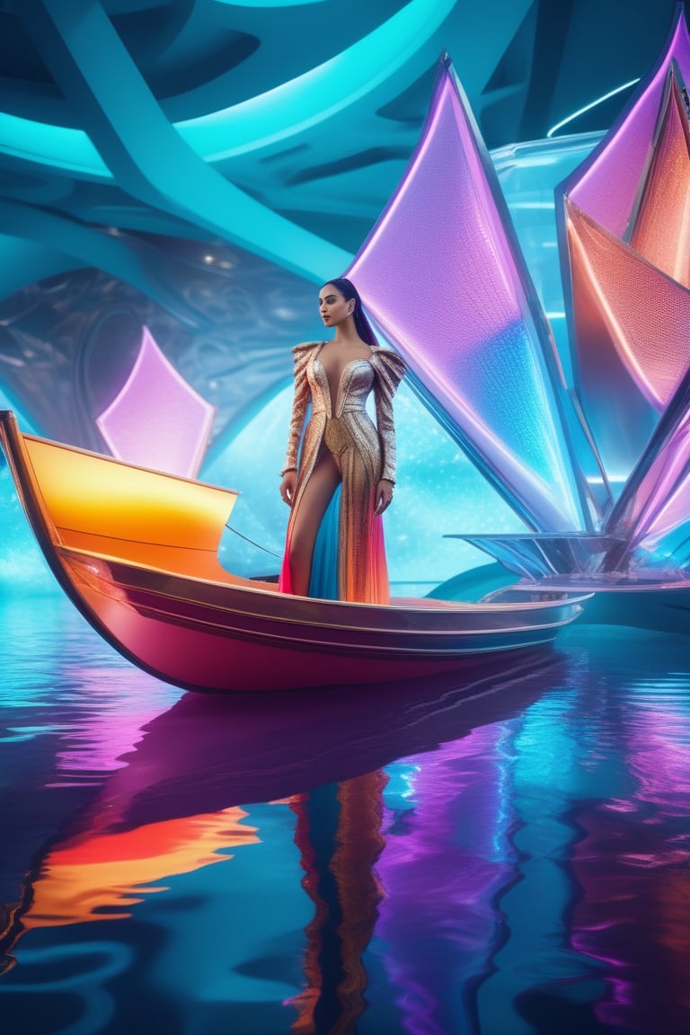 commercial photo of a stunning woman standing in water near a boat, in the style of colorful futurism, stylish costume design, daz3d, sleek metallic finish, robotic motifs, rococo pastel, vivid color blocks 