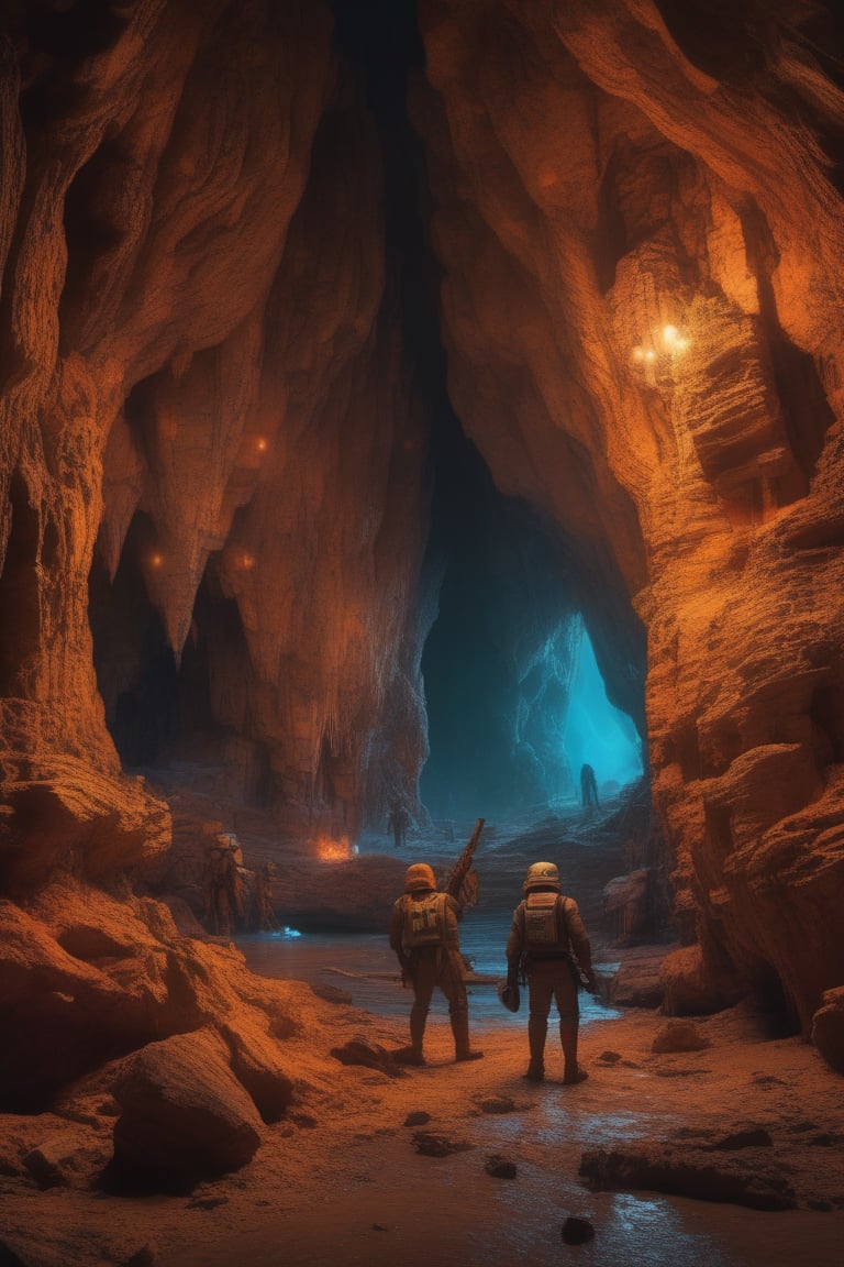 (masterpiece,best quality, ultra realistic,32k,RAW photo,detailed skin, 8k uhd, high quality:1.2), expressionist painting used for cover of book by Edgar Rice Burroughs, realistic rendering, unreal engine, 4k, hdr, high dynamic range, f12, michael whelan, simon stalenhag, high tech, star wars cavern interior . raw, emotional, dynamic, distortion for emotional effect, vibrant, use of unusual colors, detailed
