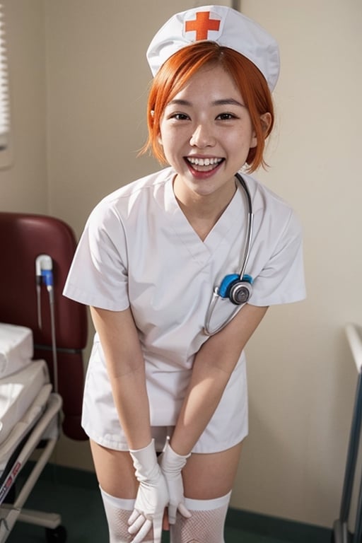 1girl, solo, nurse, nurse cap, white wear, ((white legwear, zettai ryouiki)), white gloves, very short hair, orange hair, smile, open mouth, standing, ((hospital room)), sharp outline, short sleeves, tomboy, boyish, best quality, masterpiece