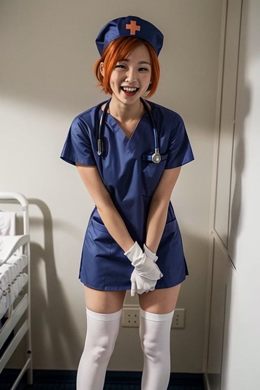 1girl, solo, nurse, nurse cap, white wear, ((white legwear, zettai ryouiki)), white gloves, very short hair, orange hair, smile, open mouth, standing, ((hospital room)), sharp outline, short sleeves, tomboy, boyish, best quality, masterpiece