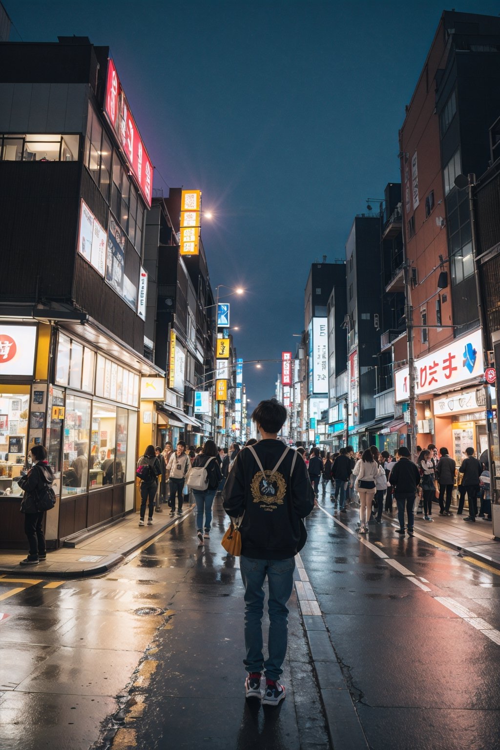 photo, student in tokyo, wide fov, wide field of view, wide angle, hyper maximalist, bright saturated colors, award-winning, masterpiece, detailed, high resolution