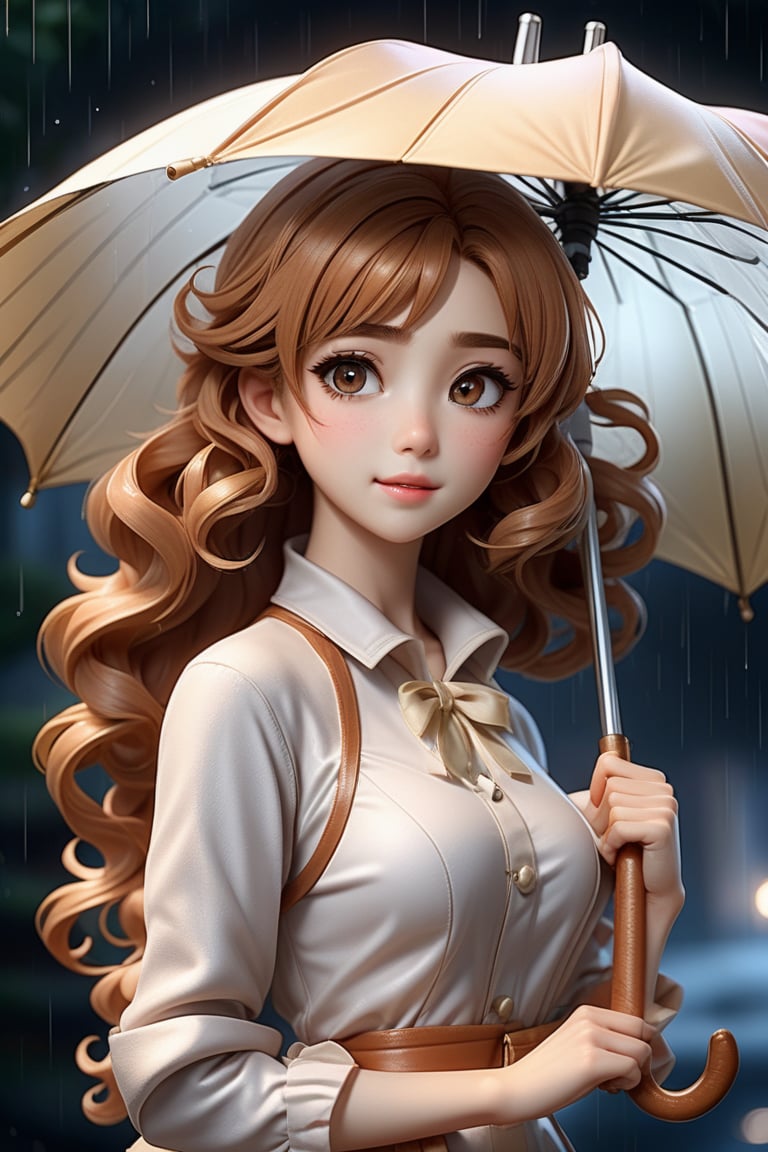 (masterpiece,best quality, ultra realistic, RAW photo), hyperrealistic art anime girl in copron tights, in full growth, beautiful appearance, curly hair, holding an umbrella and it's raining, beautiful figure . extremely high-resolution details, photographic, realism pushed to extreme, fine texture, incredibly lifelike, anime style,