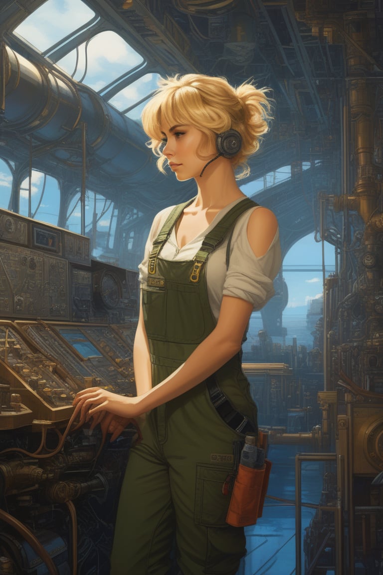 (masterpiece,best quality, ultra realistic, RAW photo),concept art, digital artwork, illustrative, painterly, matte painting, highly detailed, pixel-art Blonde female airship mechanic wearing a tank top and overalls fixing pipes below deck, steampunk, defined facial features, highly detailed, illustration, Makoto Shinkai and Studio Ghibli animated film still, by Ilya Kuvshinov and Alphonse Mucha . low-res, blocky, pixel art style, 8-bit graphics