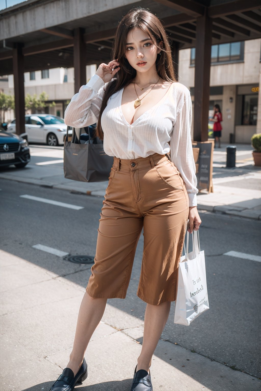 1girl, Culottes, blouse, loafers, tote bag, pendant necklace, posing for a picture, professional photoshoot,
brunette, long hair, huge breasts, wide hips, glossy coral lips, seductive,