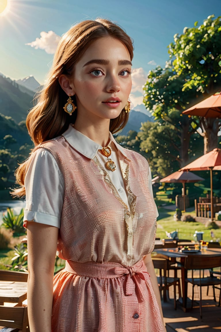 masterpiece, best quality, realistic, 8k, official art, cinematic light, ultra high res, 1girl,  standing, day, sunlight, light on face, earrings , jewelry , necklace , waitress, Nature reserve, hair light