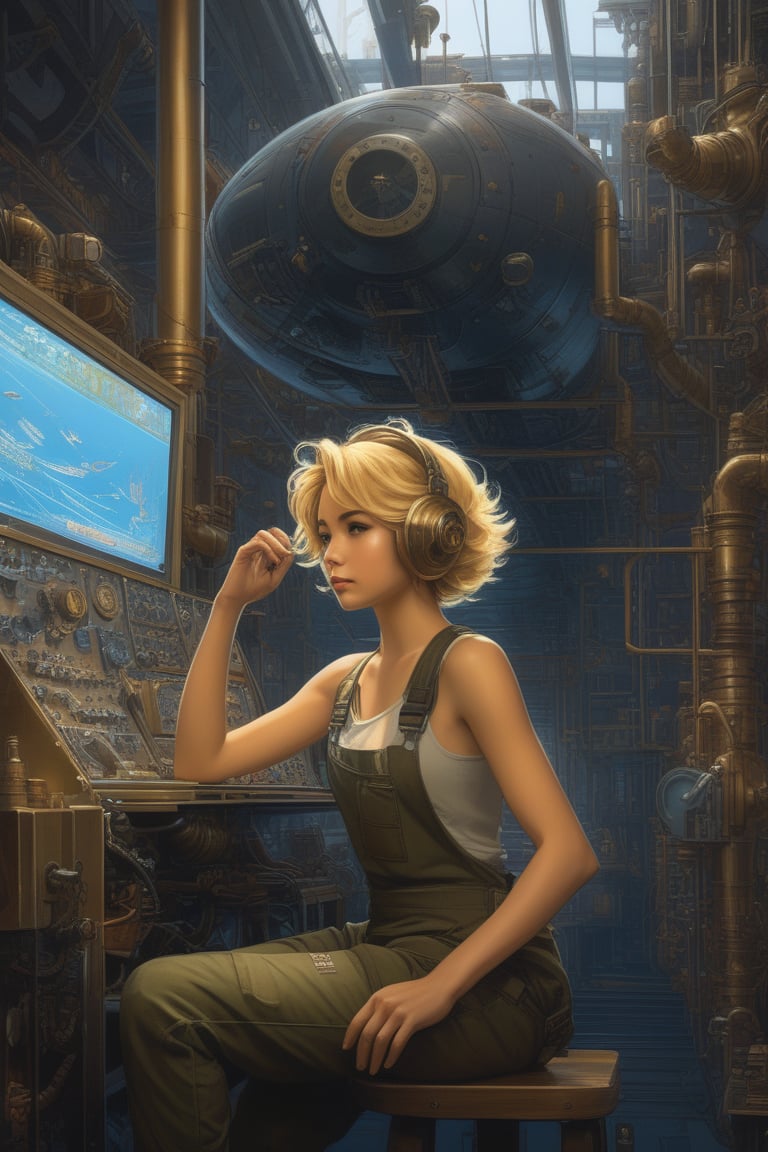 (masterpiece,best quality, ultra realistic, RAW photo),concept art, digital artwork, illustrative, painterly, matte painting, highly detailed, pixel-art Blonde female airship mechanic wearing a tank top and overalls fixing pipes below deck, steampunk, defined facial features, highly detailed, illustration, Makoto Shinkai and Studio Ghibli animated film still, by Ilya Kuvshinov and Alphonse Mucha . low-res, blocky, pixel art style, 8-bit graphics