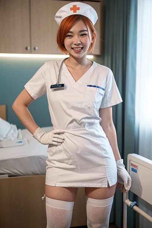 1girl, solo, nurse, nurse cap, white wear, ((white legwear, zettai ryouiki)), white gloves, very short hair, orange hair, smile, open mouth, standing, ((hospital room)), sharp outline, short sleeves, tomboy, boyish, best quality, masterpiece