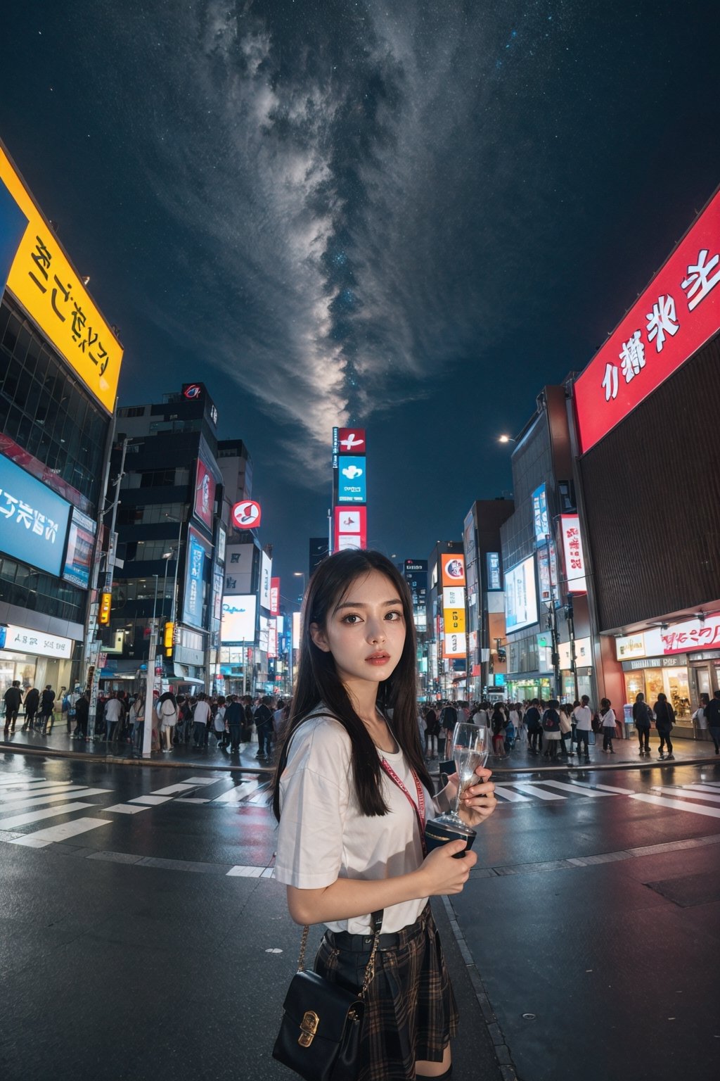 photo, student in tokyo, wide fov, wide field of view, wide angle, hyper maximalist, bright saturated colors, award-winning, masterpiece, detailed, high resolution