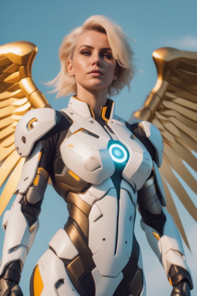 a close up of a woman with wings, mercy from overwatch game (2016), heavily upvoted, before and after, one angel, one blonde, stock image, ambulance, anime visual of a young woman, diverse medical cybersuits, bald lines, albino, Photography Paparazzi, Nikon D750, 32k, Megapixel, HDR, Golden Hour, Ultra-HD, Super-Resolution