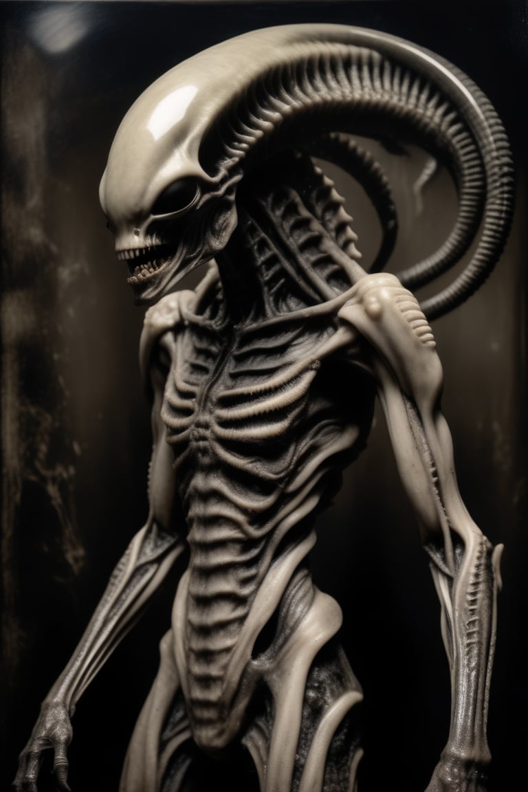 hyper realistic of a zombie xenomorph warrior, character, wet plate collodion, sharp, high detail, Mathew Brady, portrait, in the style of stefan gesell and emil melmoth and hr giger and klimt