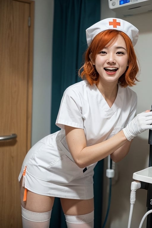 1girl, solo, nurse, nurse cap, white wear, ((white legwear, zettai ryouiki)), white gloves, very short hair, orange hair, smile, open mouth, standing, ((hospital room)), sharp outline, short sleeves, tomboy, boyish, best quality, masterpiece