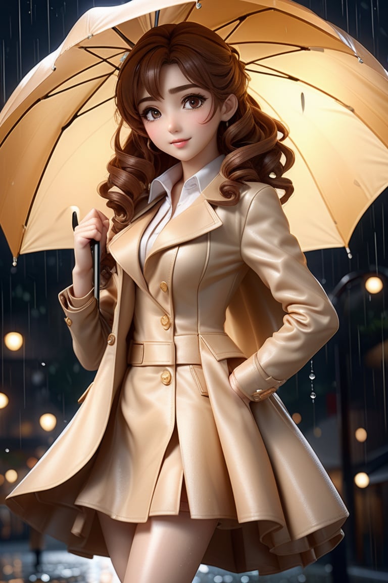 (masterpiece,best quality, ultra realistic, RAW photo), hyperrealistic art anime girl in copron tights, in full growth, beautiful appearance, curly hair, holding an umbrella and it's raining, beautiful figure . extremely high-resolution details, photographic, realism pushed to extreme, fine texture, incredibly lifelike, anime style,