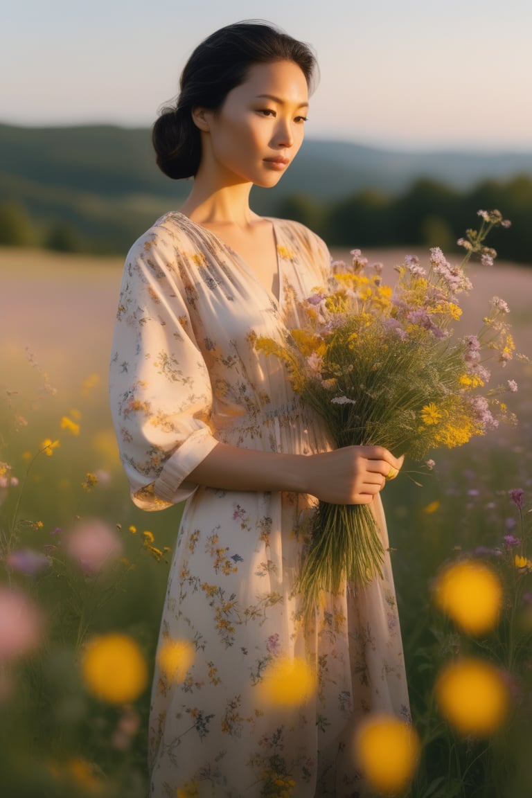A close up portrait of a beautiful woman picking flowers in a meadow by Ken Sugimori, summer, dawn, 
