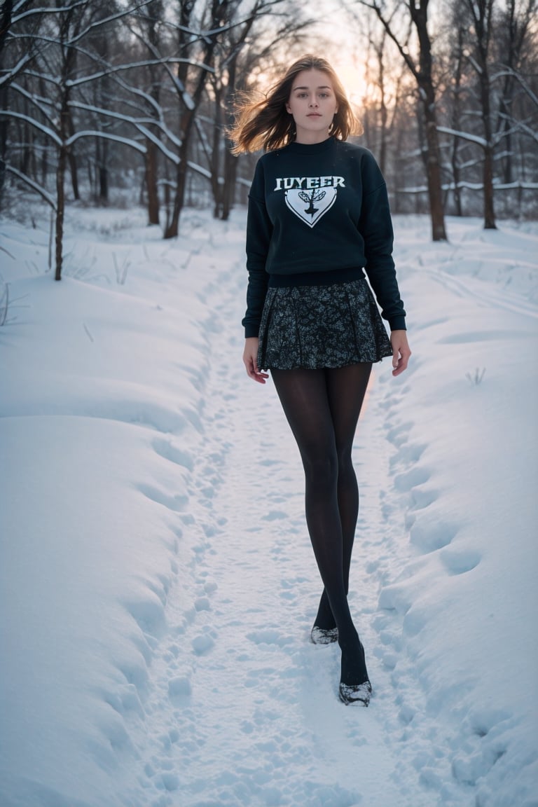 Winters,snow landscape,Beautiful teenage girl,lacepantyhose,Red sweatshirt,black short skirt,lacy stockings,围巾,depth of fields,Real light,Ray traching,OC renderer,UE5 renderer,Hyper-realistic,best qualtiy,8K,Works of masters,super-fine,Detailed pubic hair,Correct anatomy,Full body photo,are standing,Cowboy shot,model poses,