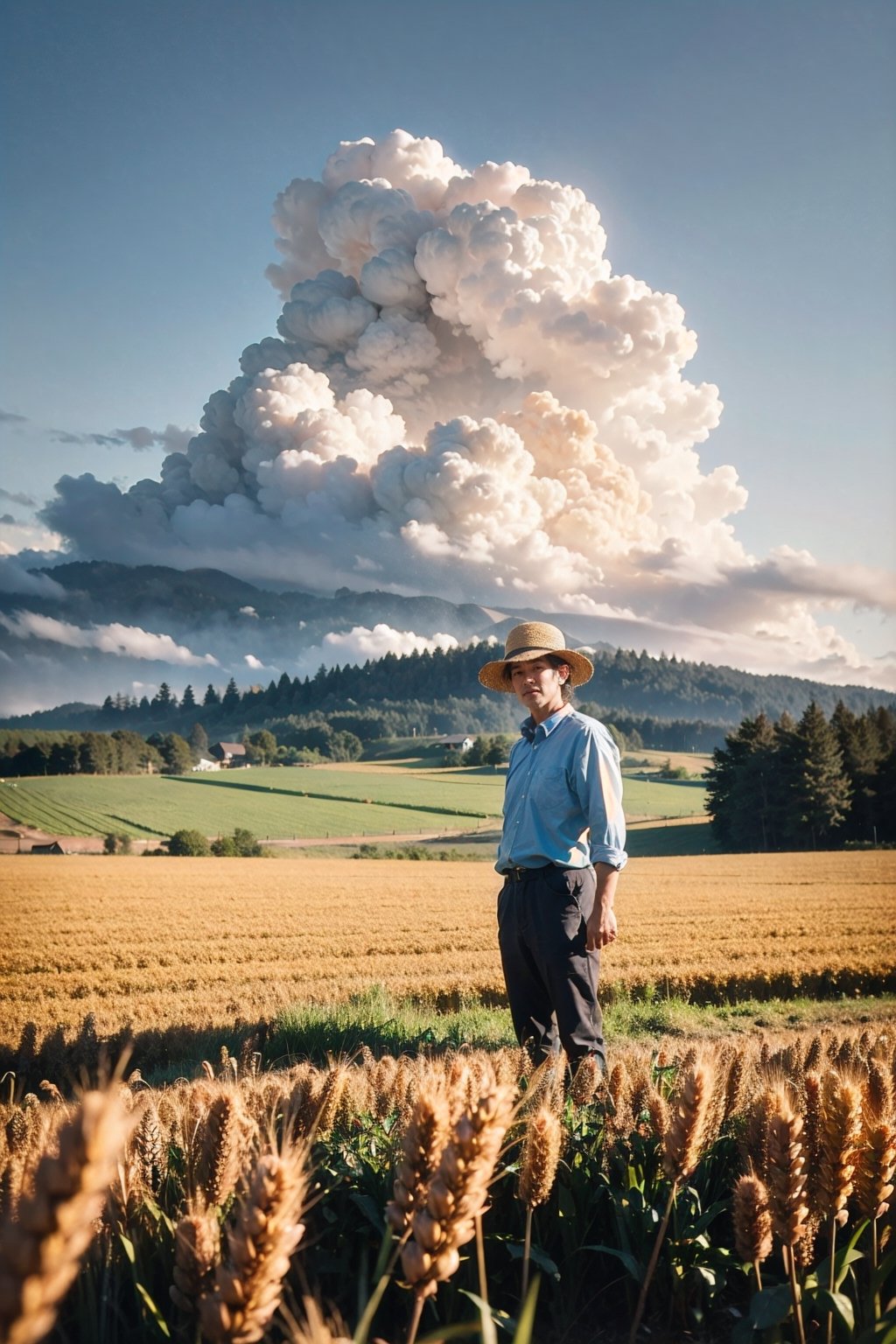 Wheat field, a farmer uncle with a straw hat standing in a wheat field, big clouds, blue sky, rice field, neat rice seedlings in the field, forest, hillside, secluded, rural, HD detail, hyper-detail, cinematic, surrealism, soft light, deep field focus bokeh, ray tracing and surrealism