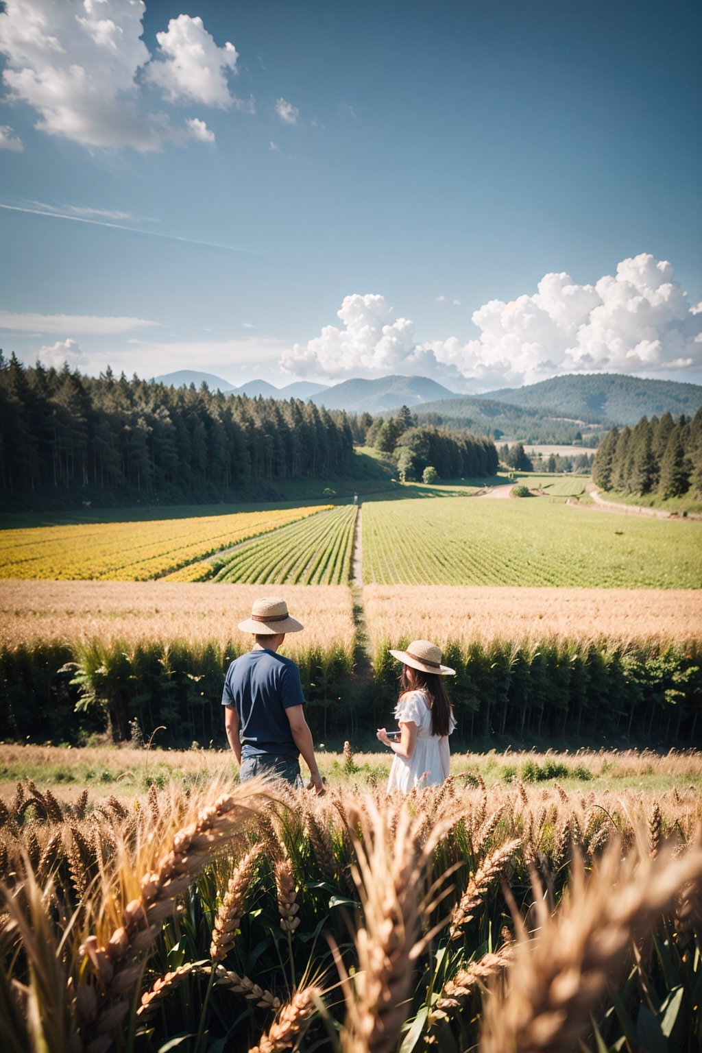 Wheat field, a farmer uncle with a straw hat standing in a wheat field, big clouds, blue sky, rice field, neat rice seedlings in the field, forest, hillside, secluded, rural, HD detail, hyper-detail, cinematic, surrealism, soft light, deep field focus bokeh, ray tracing and surrealism